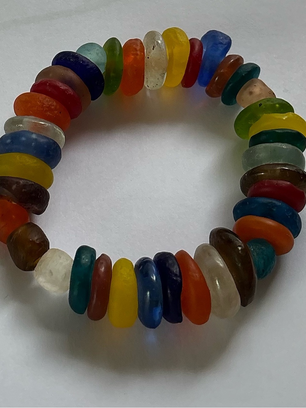 Hand Crafted Multicolor Recycled African Glass Disk Bead stretch Bracelet.